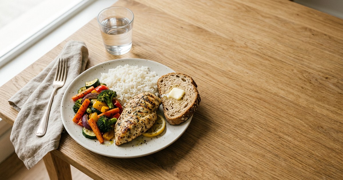 Assiette de poulet grillé, riz et légumes sur une table en bois, avec un verre d'eau