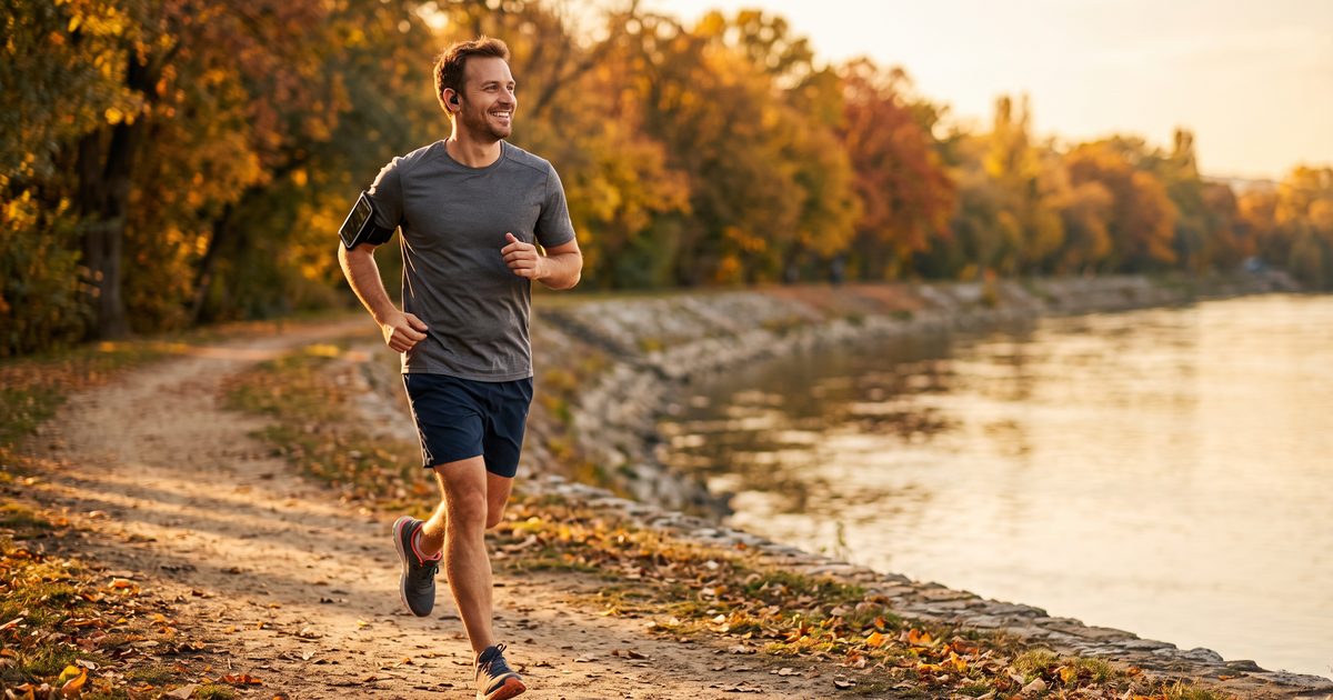 Coureur souriant au bord d'une rivière, un soir d'automne ensoleillé, écouteurs aux oreilles et téléphone au brassard
