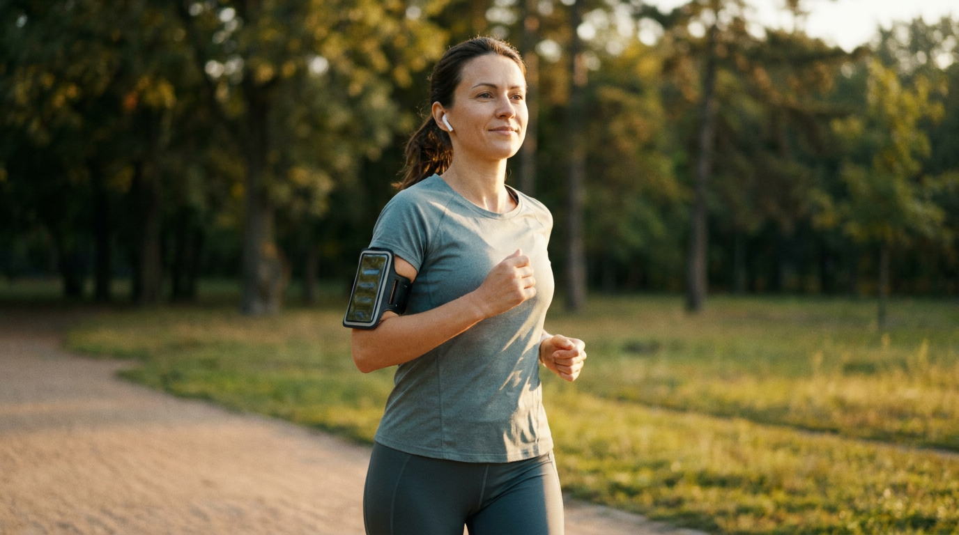 Coureuse en tenue de running, téléphone au brassard, qui court dans un parc au soleil du matin