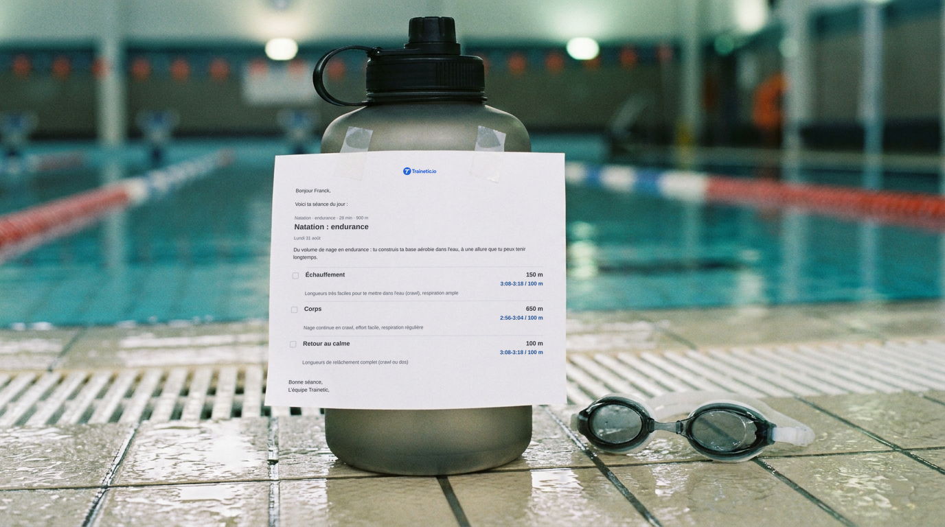 Au bord du bassin, une gourde avec l'e-mail Trainetic de la séance du jour imprimé et scotché dessus : natation endurance, 900 m, avec l'échauffement, le corps de séance et le retour au calme et leurs allures au 100 m