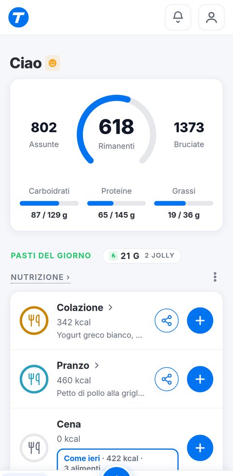 Schermata iniziale dell'app Trainetic per un obiettivo di peso: calorie assunte e rimanenti, macro, serie di giorni registrati e pasti del giorno