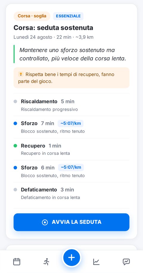 Allenamento di corsa dettagliato nell'app Trainetic, blocco per blocco