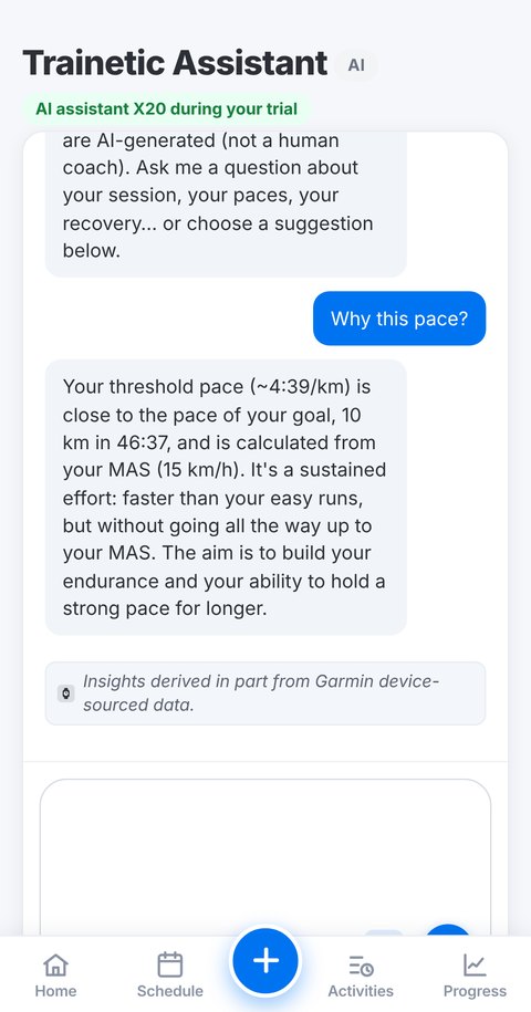 Trainetic assistant explaining easy pace based on maximal aerobic speed (MAS)