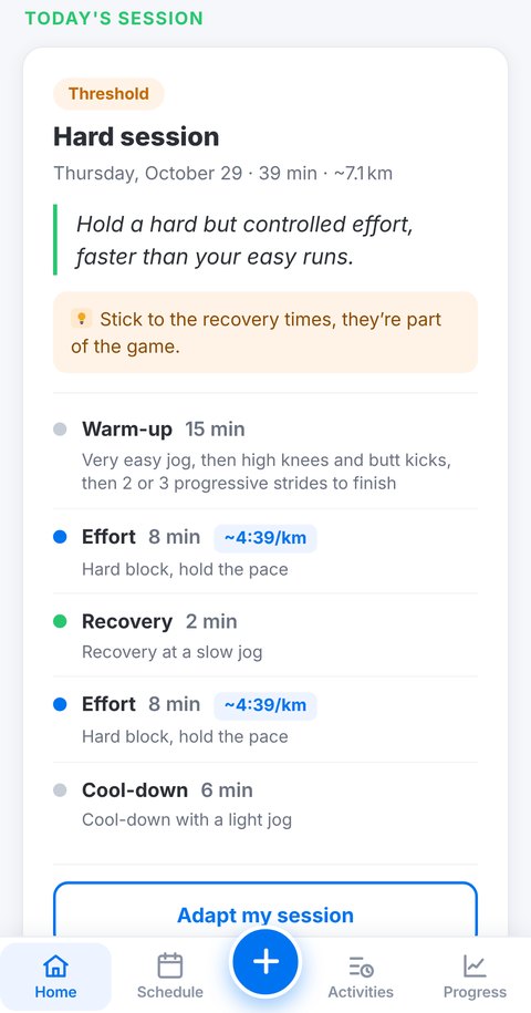Next session shown in the Trainetic app, with its blocks and target pace