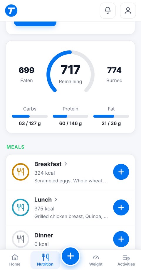 Today's log in the Trainetic app: calories eaten and remaining, macros and the day's meals