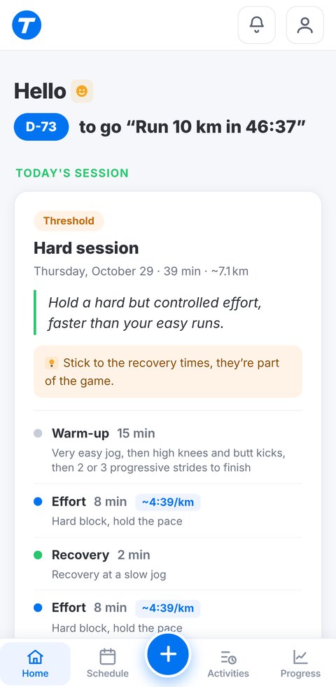 Today's session in the Trainetic app: a 1 h 13 min long run, target pace and the session's blocks