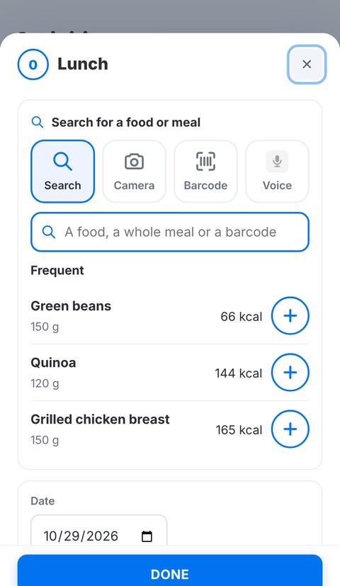 Adding a food in Trainetic: meal time, favorites, search by name and scan button