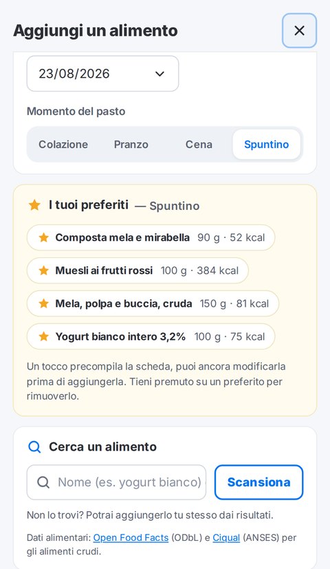 Aggiunta di un alimento in Trainetic: momento del pasto, preferiti, ricerca per nome e pulsante di scansione