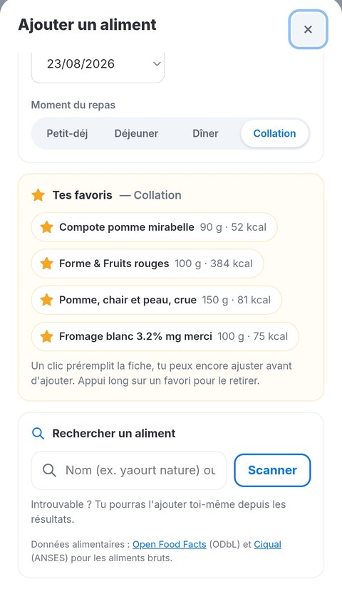Ajout d'un aliment dans Trainetic : moment du repas, favoris, recherche par nom et bouton de scan