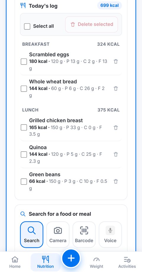 Trainetic food log: meals grouped by time of day, calories and macronutrients per food