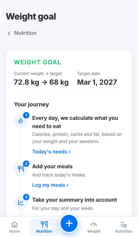 Trainetic weight goal screen: current weight, target, daily calorie goal and target date