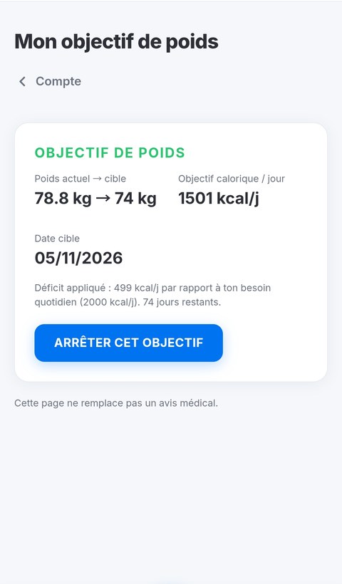 Ecran d'objectif de poids Trainetic : poids actuel, cible, objectif calorique quotidien et date cible
