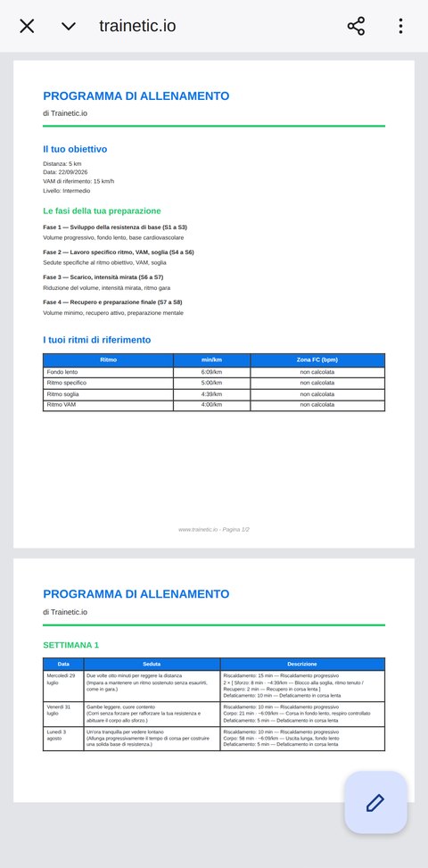 Piano di allenamento Trainetic esportato in PDF
