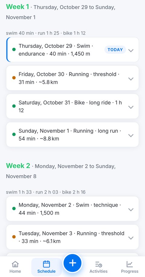 Week of a Trainetic triathlon plan with swim, bike and run sessions