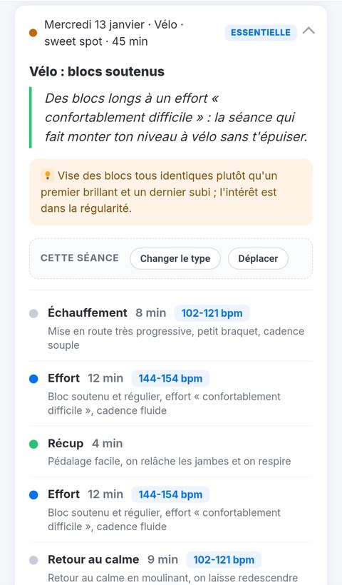 Séance de vélo en sweet spot détaillée bloc par bloc dans Trainetic